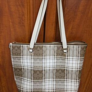 Coach Brown and White Plaid Shoulder Bag